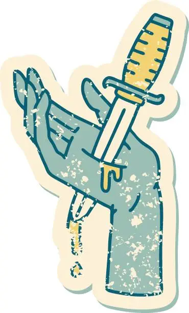 Vector illustration of distressed sticker tattoo style icon of a dagger in the hand