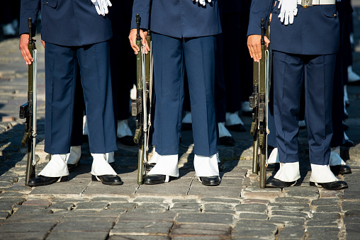 MSU air force petty officer vocational school students with blue uniforms waiting in line at Gundogdu square on the 29 October Republic day of Turkey.