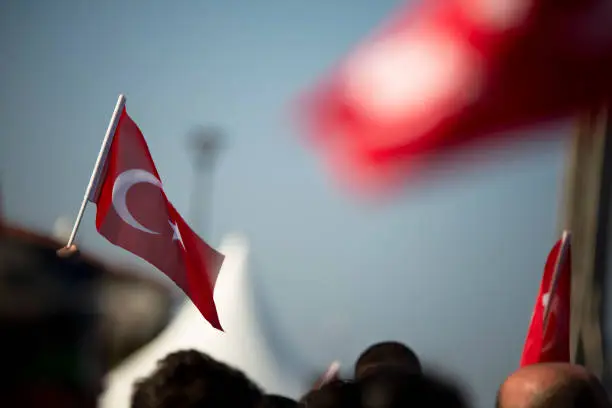 October 29 Republic day of Turkey. Crowded people in the square of Gundogdu and Turkish flags in crowded people.