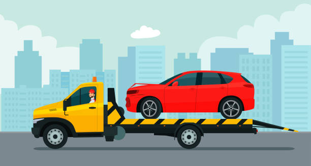 ilustrações de stock, clip art, desenhos animados e ícones de a tow truck with a driver transports a broken suv car against the backdrop of the cityscape. vector flat style illustration. - tow truck heavy truck delivering