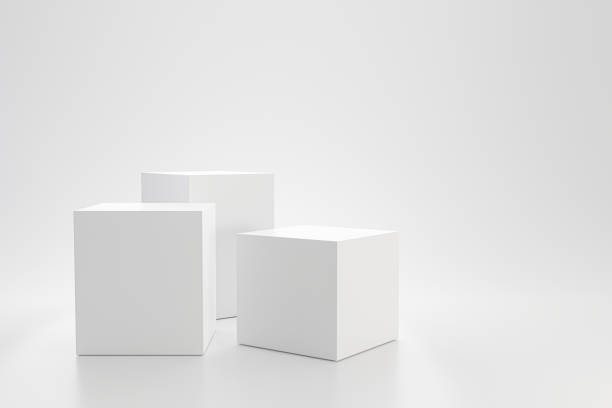 製品棚とシンプルな背景に白いスタジオテンプレートとキューブ台座。広告のための空白のスタジオ表彰台。3d レンダ��リング。 - 立方体 ストックフォトと画像