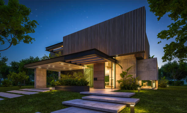 istock 3d rendering of modern house with wood plank facade in night 1221621508
