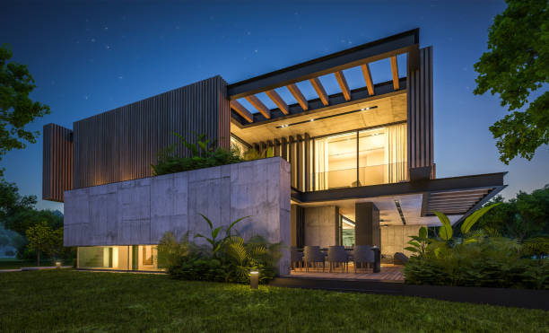 istock 3d rendering of modern house with wood plank facade in night 1221621614