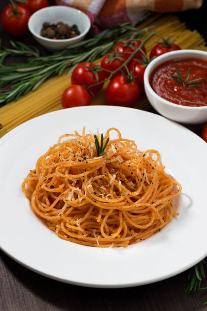 istock plate of spaghetti with tomato sauce, vertical, closeup 1221622477