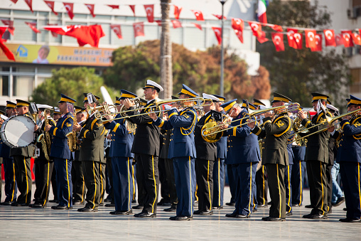 Izmir, Turkey - October 29, 2019: Military band playing Republic Day of Turkey. Alsancak Izmir Turkey.