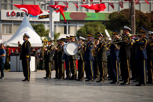 Izmir, Turkey - October 29, 2019: Military band playing Republic Day of Turkey. Alsancak Izmir Turkey.