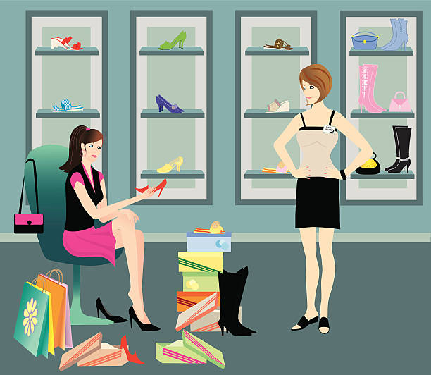 illustrazioni stock, clip art, cartoni animati e icone di tendenza di negozi di scarpe - shoe store sales clerk customer