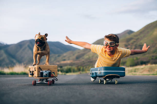 Traveling Boy and his Dog A young boy and his French Bulldog are ready to travel the world. They have put their suitcases on skateboards and are wearing flight goggles, ready to fly to new places and heights. Image taken in Utah, USA. staycation photos stock pictures, royalty-free photos & images