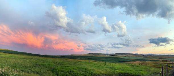 pôr-do-sol da pradaria do sul de alberta, com vista distante da montanha chefe perto de cardston - alberta prairie farm fence - fotografias e filmes do acervo