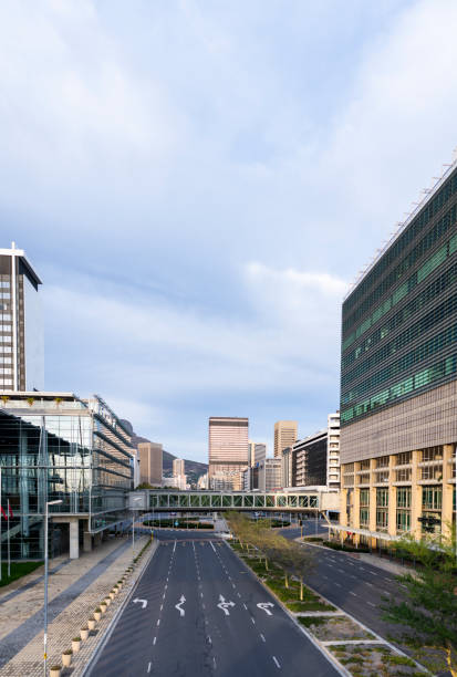 istock Vertical panoramic empty city streets and office blocks during COVID-19 lockdown 1221627229