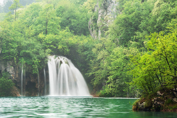 Waterfalls panorama in Plitvice Lakes National Park, Croatia, Europe. Majestic view with turquoise water and nice reflections