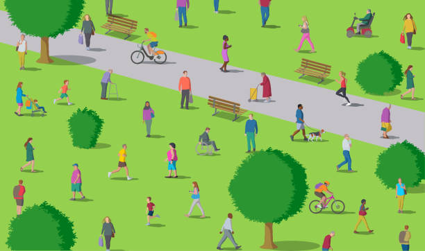 Social Distancing in the Park Diverse group of people social distancing during Coronavirus infection in a Public park public park illustrations stock illustrations