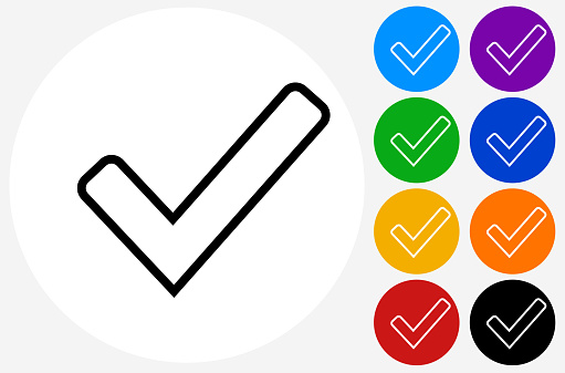 Check Mark Icon. This 100% royalty free vector illustration is featuring a white round button with a black icon. There are 5 additional alternative variations in different colors on the right.