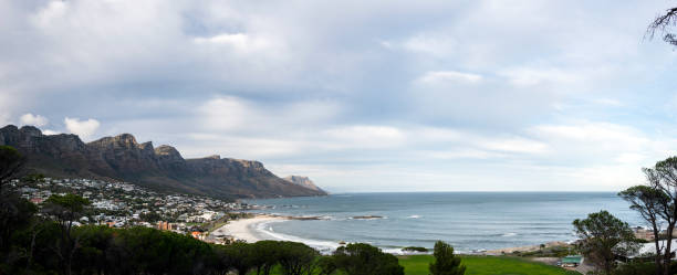 Panoramic empty Camps Bay beach majestic Twelve Apostles mountains during COVID-19 lockdown
