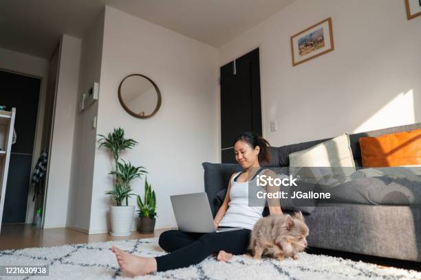 ペットの犬と一緒に自宅で働く女性