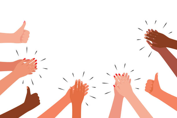 ilustraciones, imágenes clip art, dibujos animados e iconos de stock de aplausos y como grupo de personas. manos aplausos multiculturales. felicidades, aplausos, acción de gracias, gracias, bueno, mejor, ganador. ilustración vectorial - saludar ilustraciones