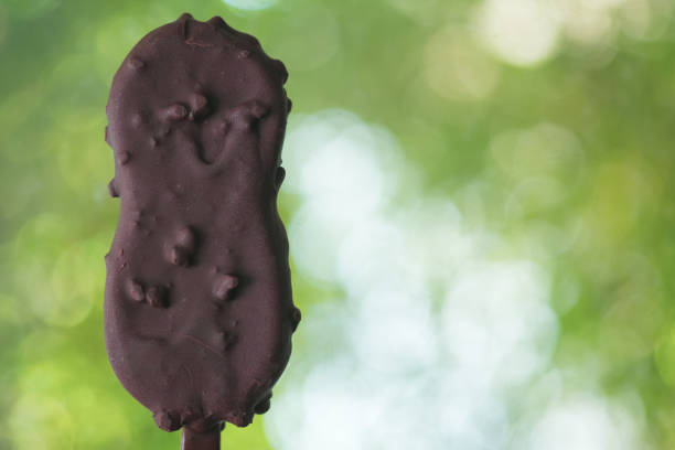 istock Hands holding vanilla icecreams covered with chocolate and nut on nature background 1221633232