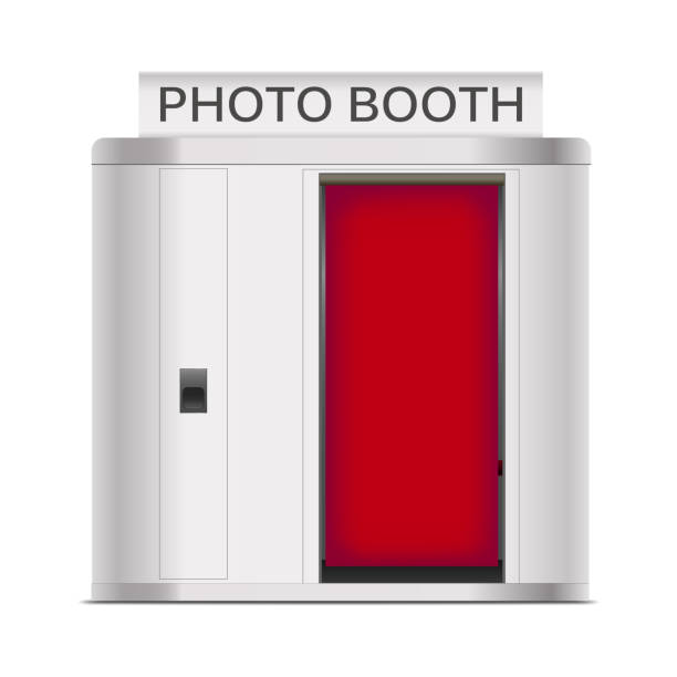 Realistic 3d Detailed Photo Booth Cabin. Vector Realistic 3d Detailed Photo Booth Cabin with Red Curtain Service Fast Print Photograph on a White. Vector illustration of Photography Machine photo booth stock illustrations