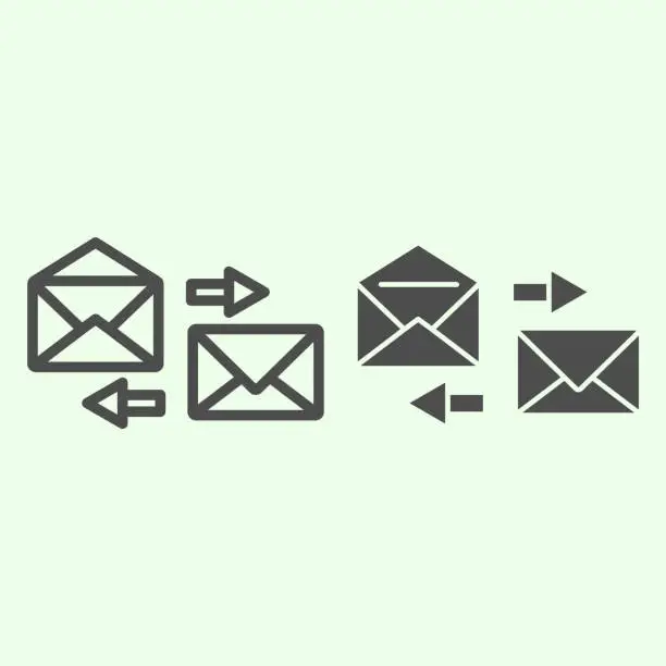 Vector illustration of Correspondence line and solid icon. Mail exchange outline style pictogram on white background. Send and receive business letter envelope with arrows for mobile concept and web design. Vector graphics.