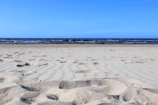 istock Wavy sand with footsteps on baltic sea coast 1221636578