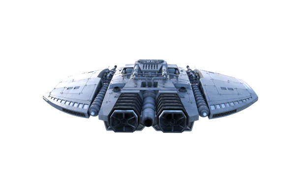 istock Alien spaceship, UFO spacecraft in flight isolated on white background, back view, 3D rendering 1221638225