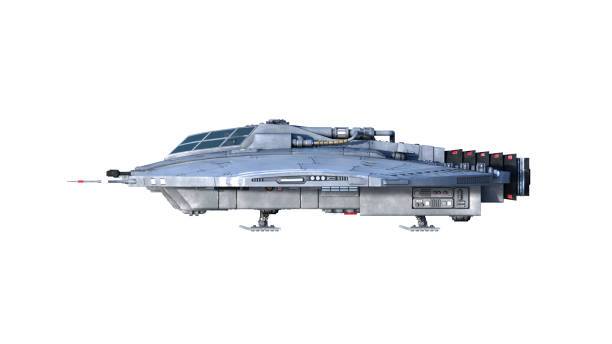 istock Alien spaceship, UFO spacecraft in flight isolated on white background, side view, 3D rendering 1221638250