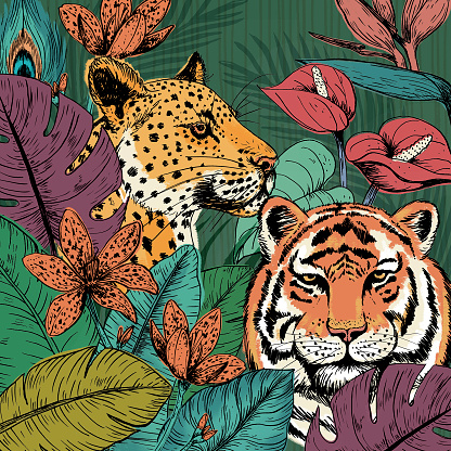 Tiger and Cheetah background. This was hand drawn in ink, scanned and digitally colored.