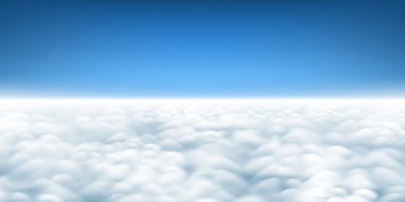 Above the clouds panorama vector, cloudscape view from above, plane flight view of clouds, sky and horizon