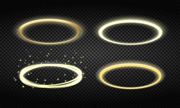 leuchtendes halo-set, verschiedene goldene engelsring - heiligenschein symbol stock-grafiken, -clipart, -cartoons und -symbole