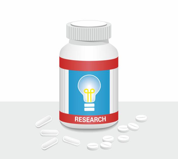 Medicine bottle with lightbulb, text RESEARCH and two different pills. Vector illustration. Bottle with pills. EPS10. pill organizer stock illustrations