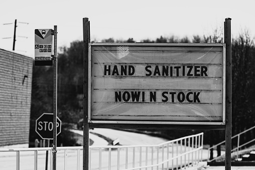 Hand sanitizer back in stock at a hardware store.