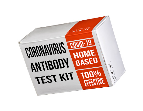 Mockup of a Covid-19 immunity antibody test kit suitable for home use to determine immune status isolated against white background