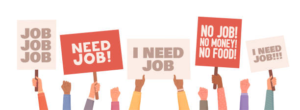istock People protest. Unemployed people holding protest signs and asking for jobs. Hands holding posters. People with posters protest. Unemployment caused by COVID-19 pandemic. Vector illustration 1221644451