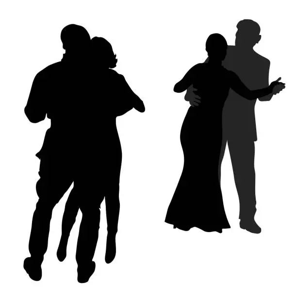 Vector illustration of Vector silhouettes of a group of people isolated on a white background. Two pairs of dancers, a guy and a girl dancing tango, waltz. A woman in a long evening dress, a man in riding breeches and boots
