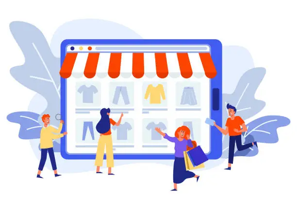 Vector illustration of People with Shopping on Website Template. application shopping online.