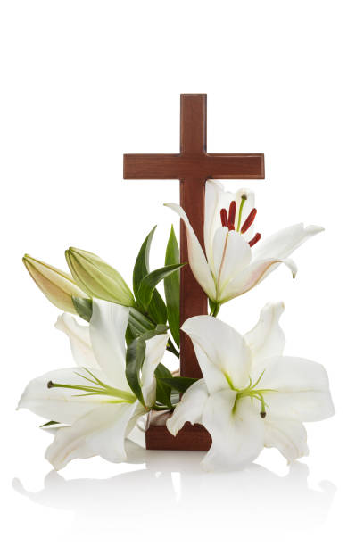 Cross with lilies isolated on white background for decorative design. Spring background. Easter card.
