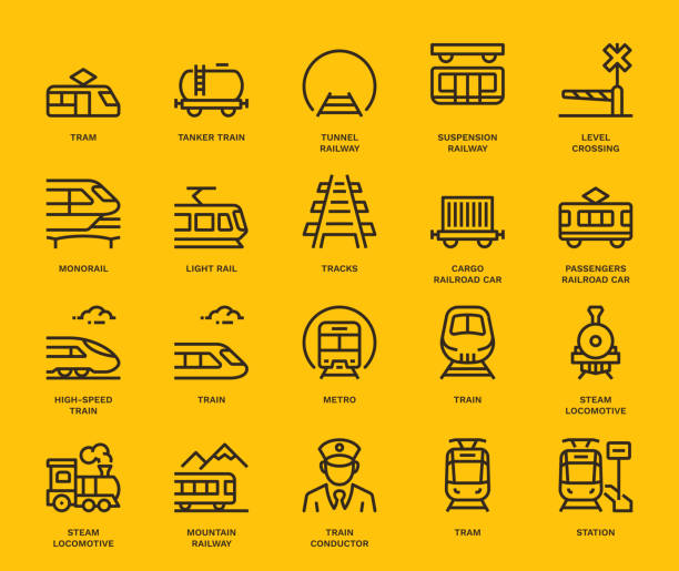 illustrazioni stock, clip art, cartoni animati e icone di tendenza di icone trasporto ferroviario - guard rail