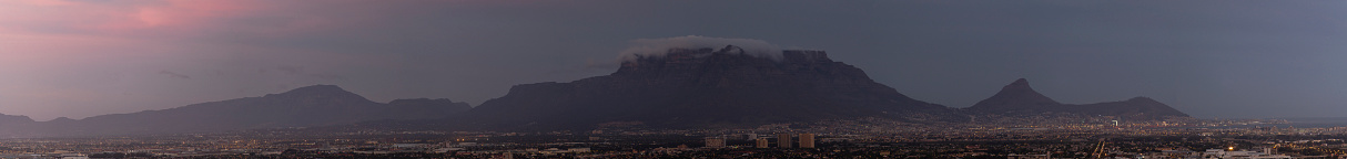 Panoramic view dawn over Table Mountain and quiet city during lockdown