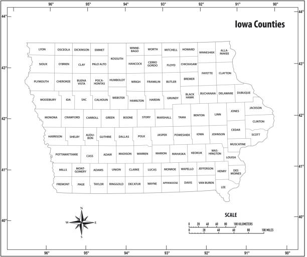 Iowa state outline administrative and political vector map in black and white Iowa state outline administrative and political vector map in black and white iowa stock illustrations