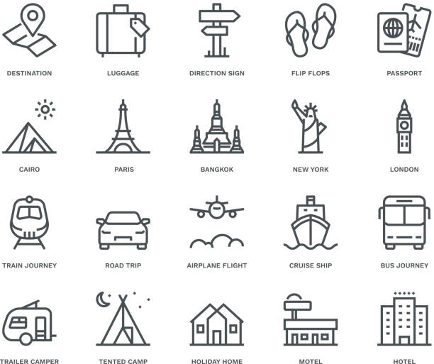 ilustrações, clipart, desenhos animados e ícones de ícones de viagens e feriados - flying uk england international landmark