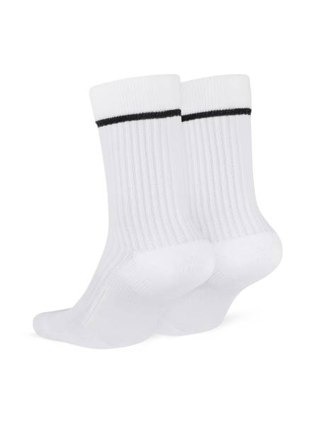 istock Two white socks with a black stripe isolated on white background. One pair of socks. Set of short socks for sports on invisible foot as mock up for advertising, branding, design. 1221651215