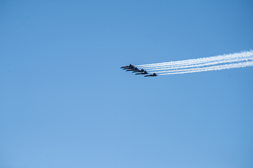 New York, USA -  April 28, 2020: Blue Angels Thunderbirds flying over New York to Salute frontline COVID-19 responders