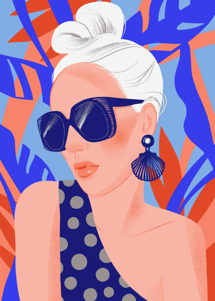 портрет женщины с солнцезащитными очками на летнем тропическом фоне. - jewelry elegance fashion model art stock illustrations