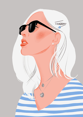 Fashion woman model with sunglasses isolated on gray. Summer holiday portrait of beautiful girl. Pose. Flat trendy illustration. Template for card, poster, banner, print for t-shirt. tote bag.