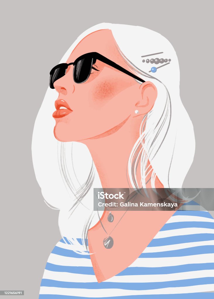 Pretty young woman with blonde hair and sunglasses. Female portrait. Fashion woman model with sunglasses isolated on gray. Summer holiday portrait of beautiful girl. Pose. Flat trendy illustration. Template for card, poster, banner, print for t-shirt. tote bag. Women stock vector
