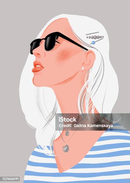 Pretty Young Woman With Blonde Hair And Sunglasses Female Portrait Stock Illustration - Download Image Now