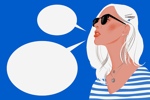 Woman speak. Pretty girl with long hair red lips and sunglasses and empty speech bubbles isolated. Flat trendy illustration.