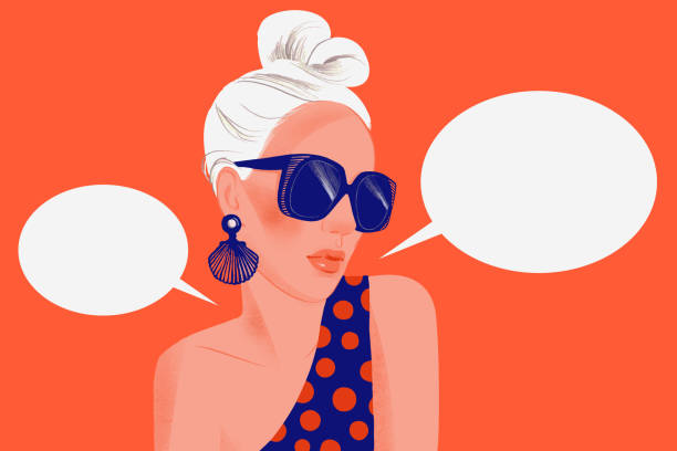 Woman says. Portrait of stylish woman with sunglasses and blank dialog speech bubbles Girl says. Portrait of stylish woman with sunglasses and blank dialog speech bubbles isolated on red background. Pose. Flat trendy illustration. ear piercing clip art stock illustrations