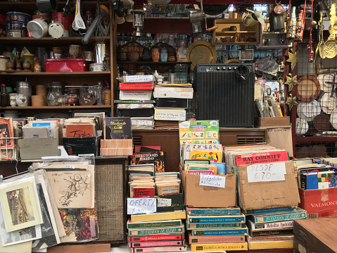 Buenos Aires, Argentina - March 14, 2019: Books and other exhibited vintage stuff  in Palermo's flea market. In this place anything second hand is for sale