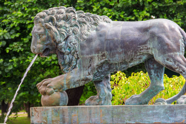 statue de bronze du lion. fragment de la cascade de lion de fontaine dans le parc inférieur de peterhof à saint-pétersbourg, russie - macro column marble luxury photos et images de collection